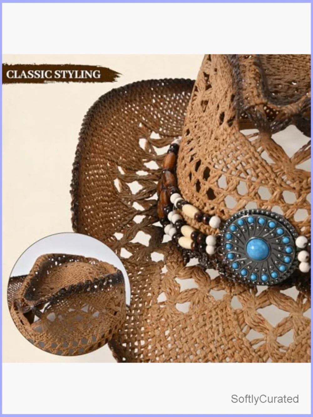 Straw Cowboy Hat with Wide Brim - Medium Size for Adults Summer Western Hat - Picture 5 of 7